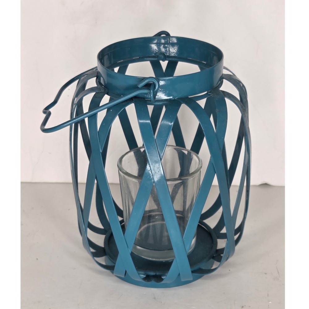 Teal Blue Metal Woven Lattice Lantern with Glass Votive Holder Beach Coastal